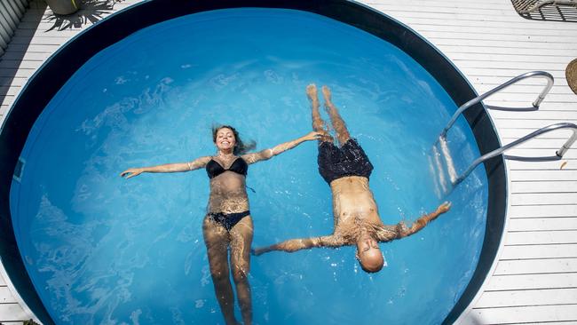 Pablo Estevez and Sofia Etchechoury relaxing at Greenhouse Bath House in Burleigh. Picture: Jerad Williams