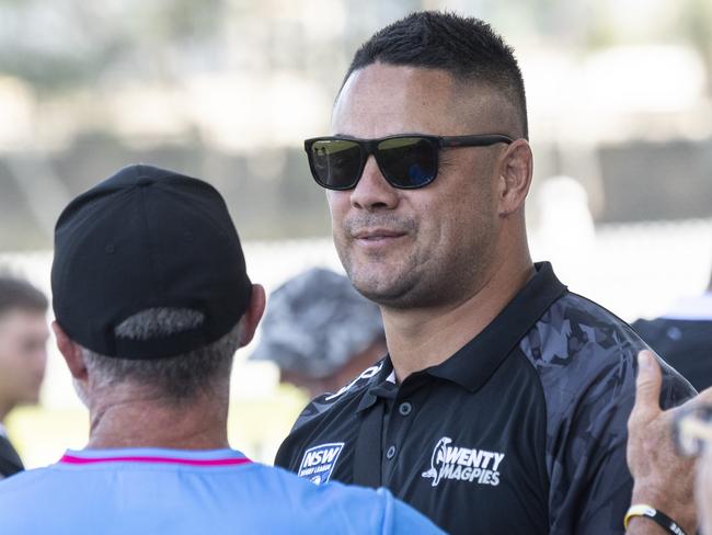 SYDNEY, AUSTRALIA - NewsWire Photos - Saturday, 15 March 2025: Former NRL rugby player Jarryd Hayne pictured sitting with the Wentworthville Magpies at the Ron Massey Cup at Ringrose Oval., Picture: NewsWire / Monique Harmer