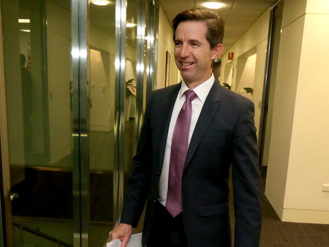 Minister for Education and Training Simon Birmingham speaks to the media after the Education council ministers meeting in Adelaide, Friday, April 13, 2018. (AAP Image/Kelly Barnes) NO ARCHIVING