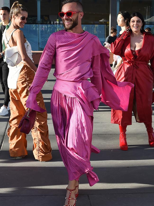 Jamie Azzopardi rocks his pink ensemble. Picture: Josie Hayden
