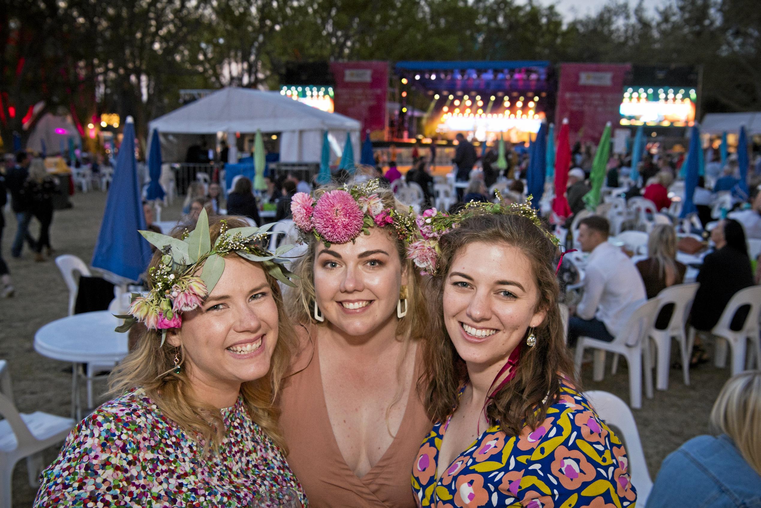 Hannah Bouttell (centre) on her hen's night with Chelsea Mobbs (left) and Sam White at the Heritage Bank Festival of Food and Wine of the 2019 Toowoomba Carnival of Flowers, Friday, September 20, 2019. Picture: Kevin Farmer