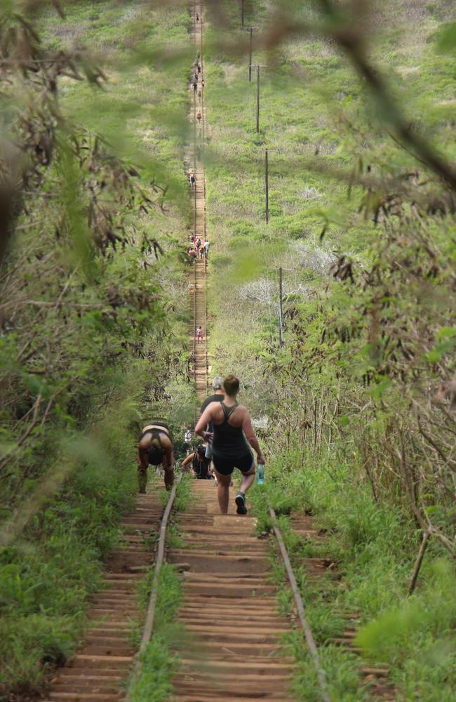 A climber doubles over to regain his breath on a hot and humid winter’s morning at the top of the old tram track up Koko Crater. Photo: John Affleck