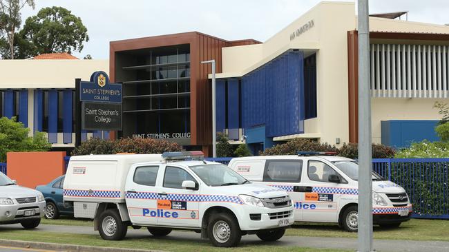 Police vehicles at Saint Stephen’s College in Upper Coomera after seven students overdosed on a drug called phenibut. Picture Glenn Hampson