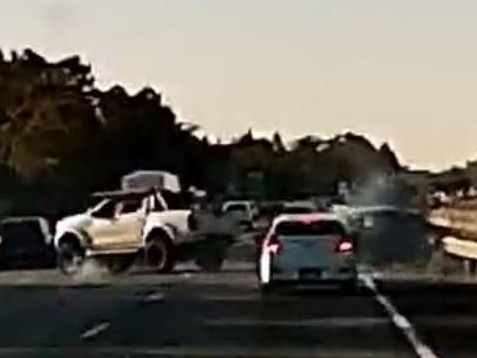 Images from a dashcam video showing a crash on the M1 at Upper Coomera on August 31. Picture: Dash Cam Owners Australia.