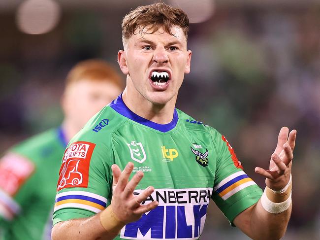 CANBERRA, AUSTRALIA - MAY 22:  George Williams of the Raiders calls for the ball during the round 11 NRL match between the Canberra Raiders and the Melbourne Storm at GIO Stadium, on May 22, 2021, in Canberra, Australia. (Photo by Mark Kolbe/Getty Images)