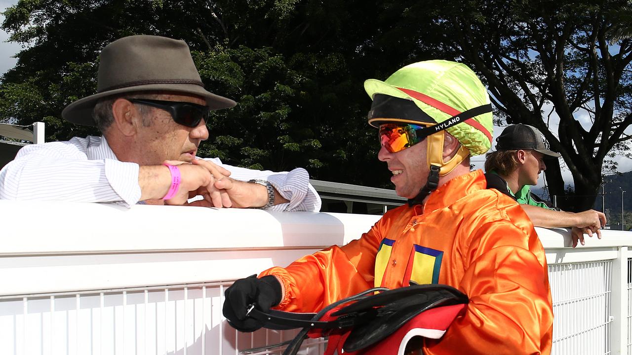 Stephen Wilson speaks with trainer Roy Chillemi after winning Race 4 on Bet On Love at Cannon Park, Woree. PICTURE: BRENDAN RADKE.