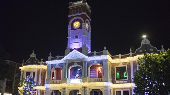 Toowoomba City Hall lit up for Christmas in the CBD in 2019. Picture: Nev Madsen.