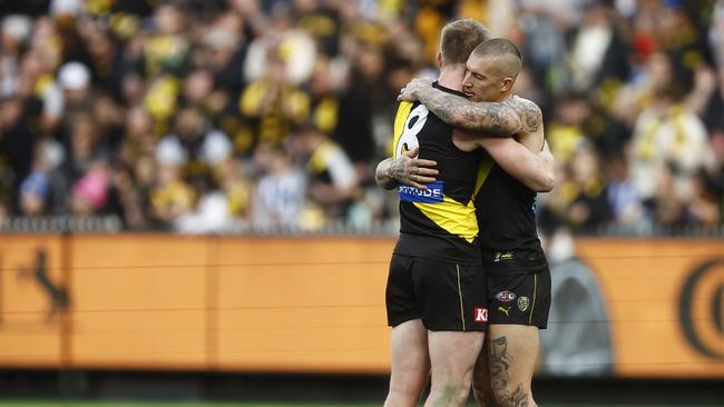 Dustin Martin hugs Jack Riewoldt in round 23. Picture: Daniel Pockett/Getty Images