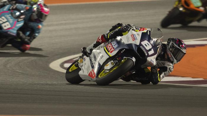 DOHA, QATAR - MARCH 10: Senna Agius of Australia and Liqui Moly Husqvarna Intact GP leads the field during the Moto2 race during the MotoGP Of Qatar - Race at Losail Circuit on March 10, 2024 in Doha, Qatar. (Photo by Mirco Lazzari gp/Getty Images)