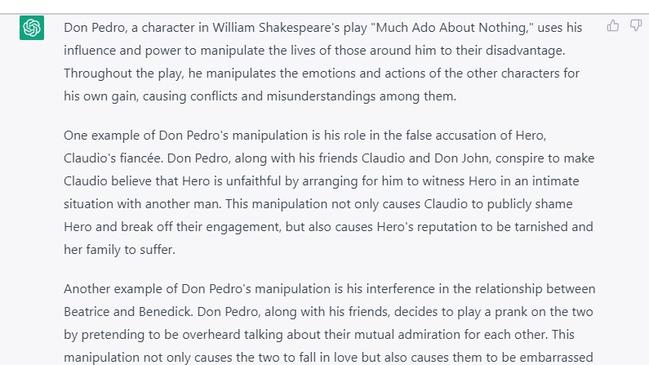 A ChatGPT response to an essay prompt on Shakespeare's Much Ado About Nothing from the 2022 VCE English exam.