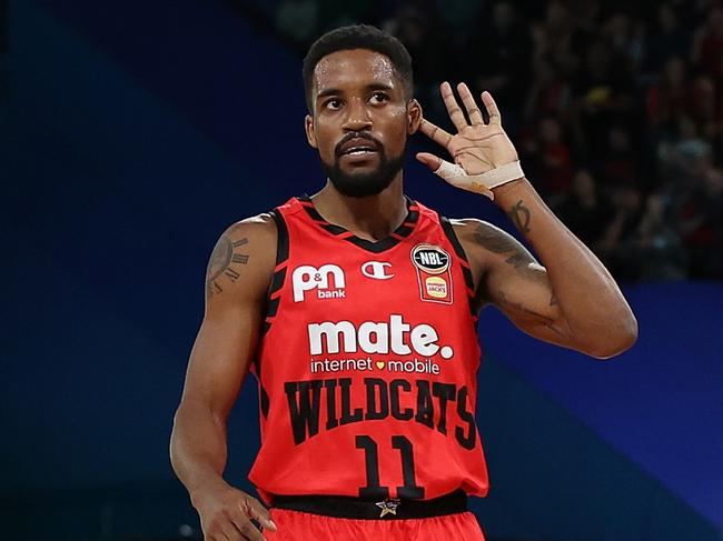 PERTH, AUSTRALIA - SEPTEMBER 20: Bryce Cotton of the Wildcats gestures to the supporters during the round one NBL match between Perth Wildcats and South East Melbourne Phoenix at RAC Arena, on September 20, 2024, in Perth, Australia. (Photo by Paul Kane/Getty Images)