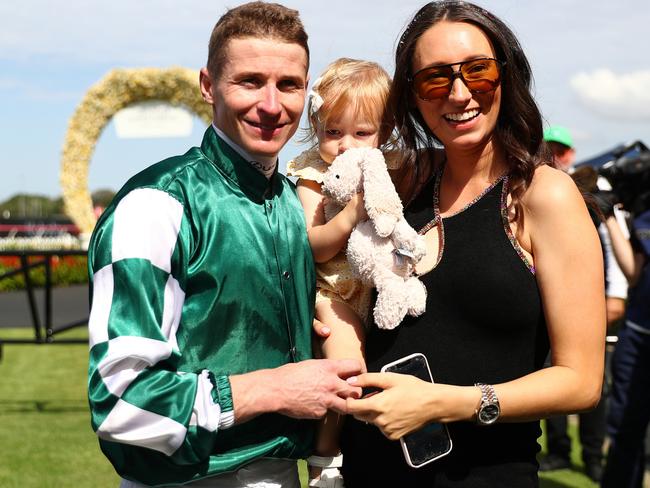 SYDNEY, AUSTRALIA - MARCH 23: Wife of James Mcdonald, Katie McDonald embraces after James Mcdonald riding Via Sistina wins Race 5 Ranvet Stakes  during the Golden Slipper Day - Sydney Racing at Rosehill Gardens on March 23, 2024 in Sydney, Australia. (Photo by Jeremy Ng/Getty Images)