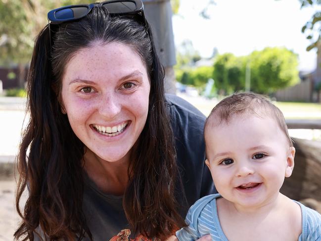 Daily Telegraph. 08, March, 2023.Mila Wakley with her son, Elliott, 7 months, at Willowdale Park, Denham Court, Sydney, today.Picture: Justin Lloyd.