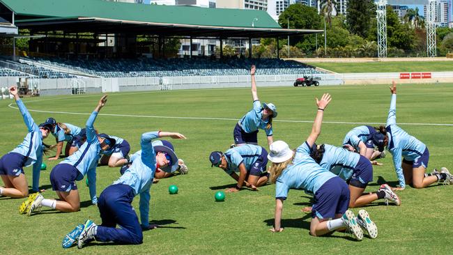 NSW Metro players warm up before the final, Cricket Australia Under-19 National Female Cricket Championships in Perth, 12 December, 2022. Picture: Cricket Australia