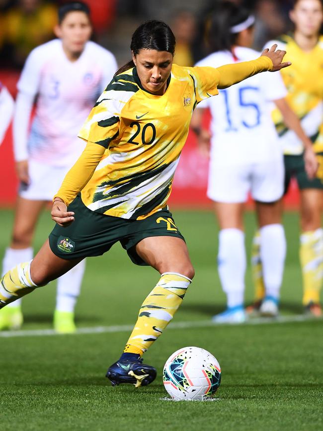 Sam Kerr takes a penalty during the international friendly match between the Matildas and Chile in Adelaide in November. Picture: Mark Brake/Getty Images