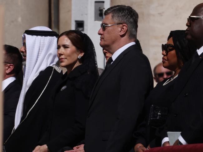 Queen Mary, seated next to Abu Dhabi's Sheikh Khaled Bin Mohammed Bin Zayed Al Nahyan, at the funeral of Pope Francis. Picture: Getty Images