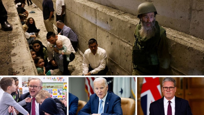 Clockwise from main: Families take shelter amid Iran's ballistic missiles attack, British Prime Minister Keir Starmer at No.10 Downing Street, US President Joe Biden at the White House, Anthony Albanese at Moonee Ponds Childcare Centre.