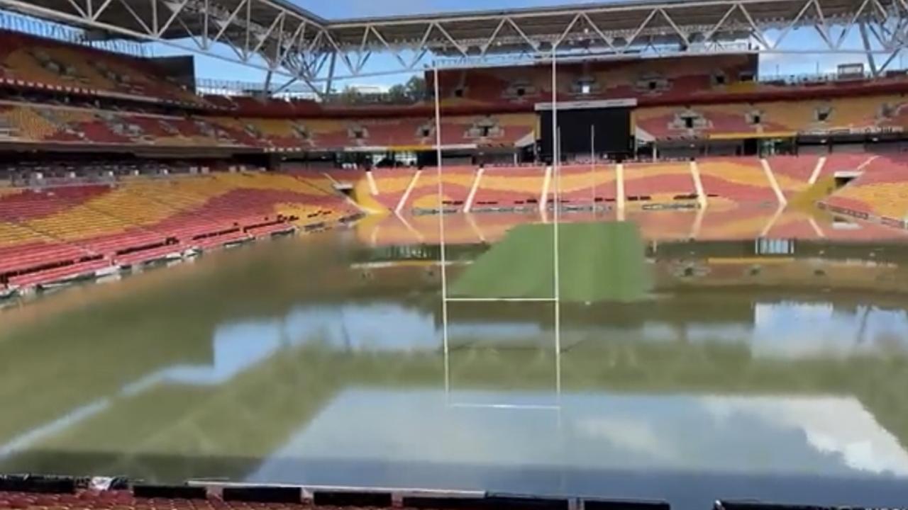 Suncorp Stadium is submerged under water. Credit: Adam Jackson's Twitter.