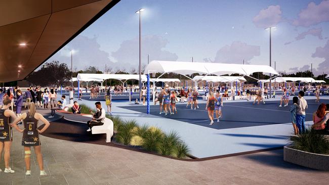 Artist Impression of the  outdoor netball courts at Mile End that will upgraded with better shelter,improved lighting and new playing surfaces Picture: Supplied