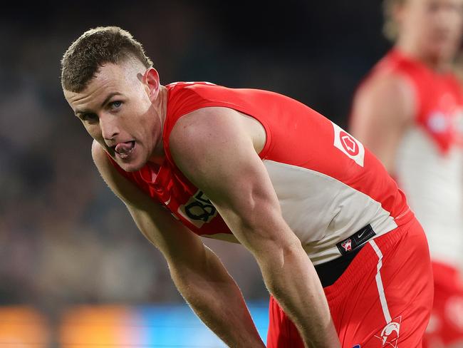 ADELAIDE, AUSTRALIA - AUG 03: Chad Warner of the Swans reacts during the 2024 AFL Round 21 match between the Port Adelaide Power and the Sydney Swans at Adelaide Oval on August 03, 2024 in Adelaide, Australia. (Photo by Sarah Reed/AFL Photos via Getty Images)