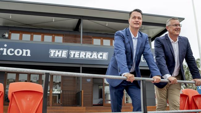 Metricon director Jason Biasin with Gold Coast Suns CEO Mark Evans before the stadium was renamed. Picture: Gold Coast Suns.