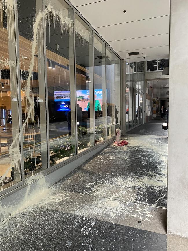 Vandalism caused by Extinction Rebellion protesters outside Santos building in May. Picture: Agnes Gichuhi