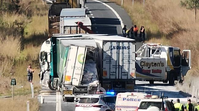 The scene of a three truck crash at Granite Creek, South of Miriam Vale on the Bruce Highway that occurred overnight. Picture: Rodney Stevens