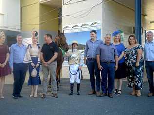 HORSE HAPPY: Ashley Hanson Stockland Rockhampton; Brian Dodson, DVL Finance; Shannon Hopkins, RJC ambassador; Michael Mutch, Brown Bros Wines; Chris Dodson, DVL Finance Chris Wagner; Tracey Wagner; Ebony Fattore, Stockland Rockhampton, Tony Fenlon CEO RJC. Picture: Jann Houley