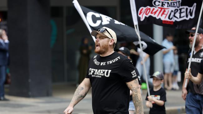 CFMEU workers pictured marching through the streets of Brisbane, 27th August 2024.