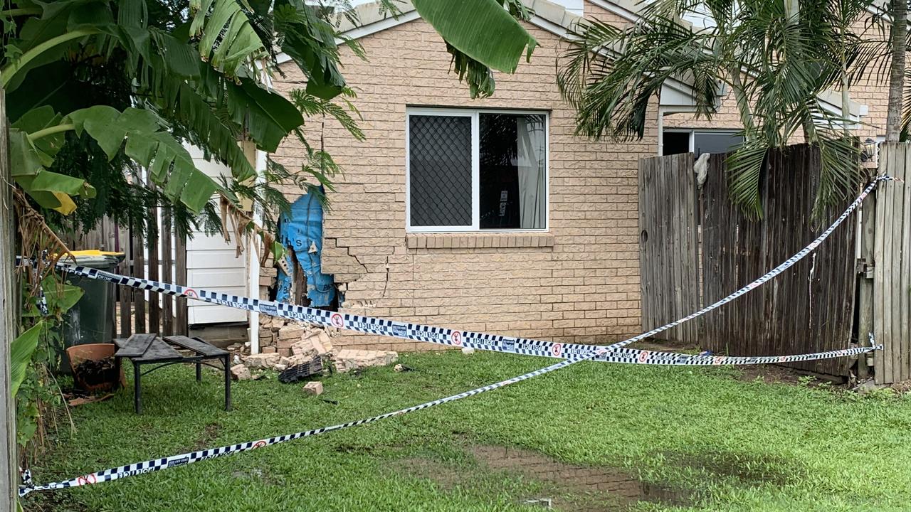 Damage to a unit on Evan St, South Mackay, after a man allegedly crashed into it while three times the legal alcohol limit about 7pm Saturday, April 23, 2022. Picture: Tara Miko