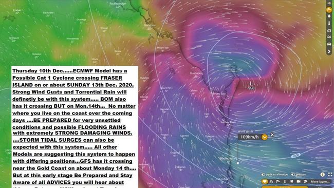 Category 1 Cyclone model with description posted on ‘Bill’s Place’ which has been dismissed by BoM who say Gympie will still receive heavy rainfall. Picture: ‘Bill’s Place’