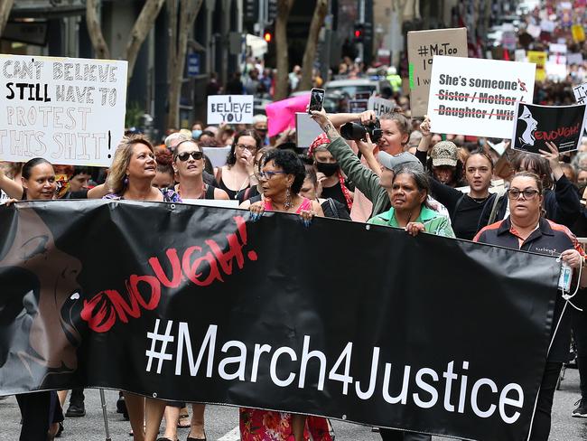 BRISBANE, AUSTRALIA - MARCH 15: Protestors attend a rally on March 15, 2021 in Brisbane, Australia. Thousands are expected at Ã¢â¬ÅMarch 4 JusticeÃ¢â¬Â rallies across Australia calling for action against gendered violence in Parliament as news of the alleged rape of former Brittany Higgins at Parliament House and allegations that Attorney-General Christian Porter raped a 16-year-old gear when he was 17 in 1988 continue to cause outrage. (Photo by Jono Searle/Getty Images)