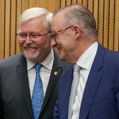 Former PM Kevin Rudd and current PM Anthony Albanese.