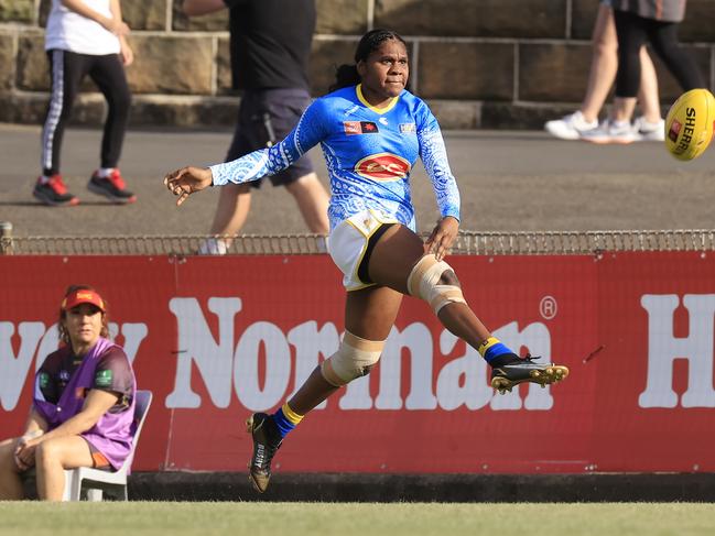 Ashanti Bush of the Suns kicks for goal against Greater Western Sydney Giants in Round 10. Picture: Mark Evans/Getty Images via AFL Photos.