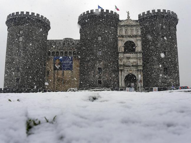 The Maschio Angioino castle during a snowfall in Naples, Italy, Tuesday, Feb. 27, 2018. The Arctic storm dubbed the “Beast from the East” saw temperatures across much of Europe fall Monday and Tuesday to their lowest level this winter, and even brought a rare a snowstorm to Rome on Monday, and is spreading to other parts of Italy. Picture: AP