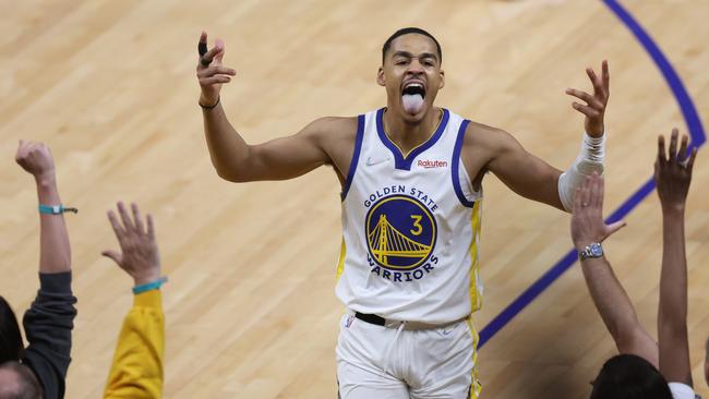 SAN FRANCISCO, CALIFORNIA - JUNE 13: Jordan Poole #3 of the Golden State Warriors celebrates a three point basket during the third quarter against the Boston Celtics in Game Five of the 2022 NBA Finals at Chase Center on June 13, 2022 in San Francisco, California. NOTE TO USER: User expressly acknowledges and agrees that, by downloading and/or using this photograph, User is consenting to the terms and conditions of the Getty Images License Agreement. (Photo by Lachlan Cunningham/Getty Images)