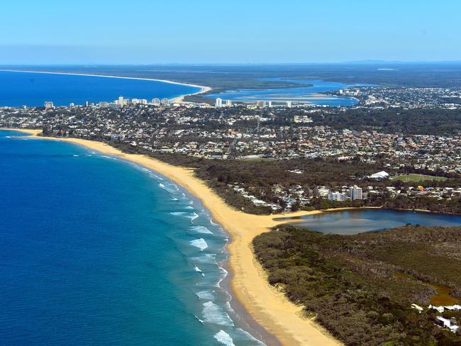 Aerial photography Sunshine Coast. Currimundi Lake, looking south. Caloundra. Pumicestone passage. Golden Beach.