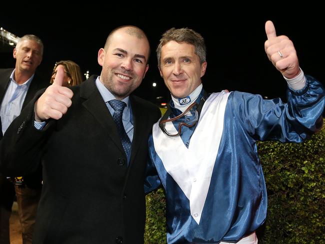 Lloyd Kennewell and Joe Bowditch after winning the Moir Stakes at Moonee Valley. Picture: AAP Image/George Salpigtidis