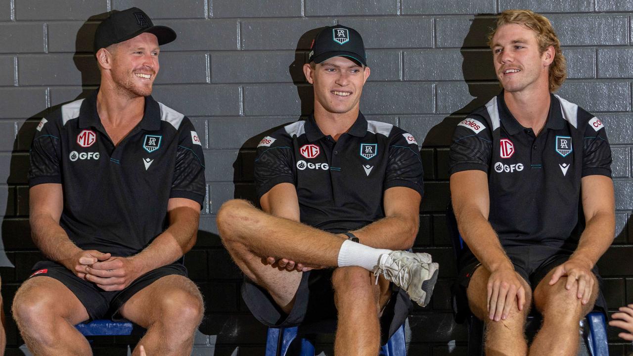 Horne-Francis with Mitch Georgiades and Tom Clurey at the Power’s Community Camp at McLaren Vale Primary School. Picture: Ben Clark