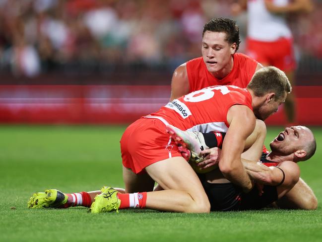 Nick Hind could have found himself in even more hot water than teammate Peter Wright if a swing in the last quarter had landed. Picture: Mark Metcalfe/AFL Photos/via Getty Images.