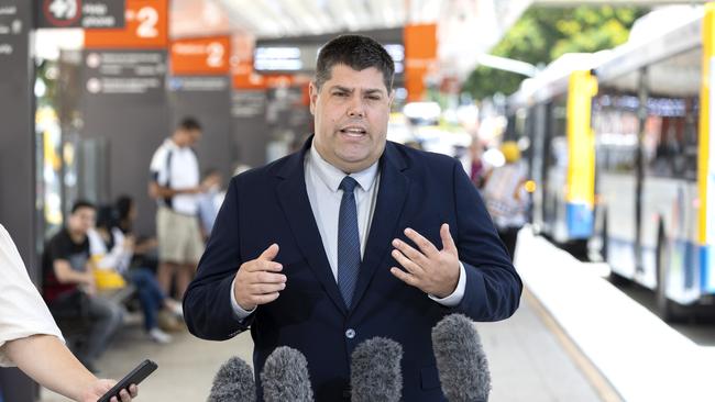 Minister for Transport and Main Roads Brent Mickelberg speaks to the media at Cultural Centre Bus Station, South Brisbane, Monday, February 10, 2025. Picture: Richard Walker