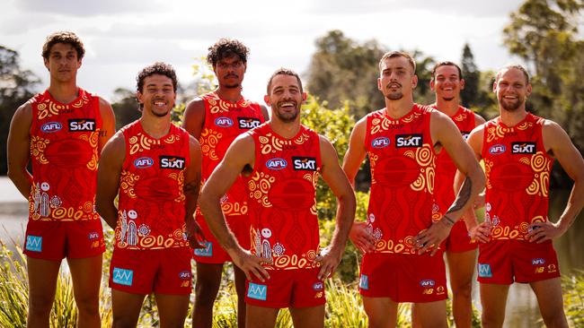 The Gold Coast Suns in their special edition Darwin/Larrakia Indigenous Guernsey for the two Darwin matches.