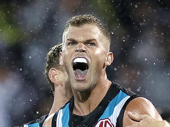 Port Adelaide's Dan Houston celebrates kicking a goal  during the AFL Gather Round match between Port Adelaide and the Western Bulldogs at the Adelaide Oval on April 15, 2023.  Photo by Phil Hillyard(Image Supplied for Editorial Use only - **NO ON SALES** - Â©Phil Hillyard )