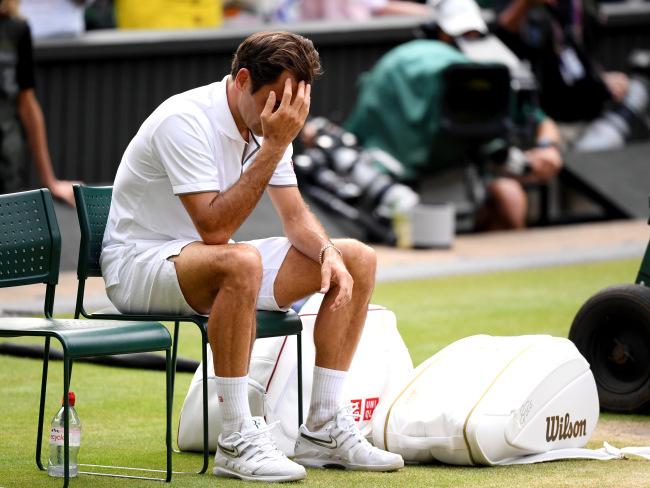 A devastated Roger Federer reacts after the epic defeat.