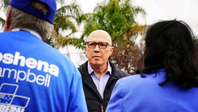 The Leader of the Opposition Peter Dutton joined the campaign in Aston on polling day. Picture: NCA NewsWire / Luis Ascui