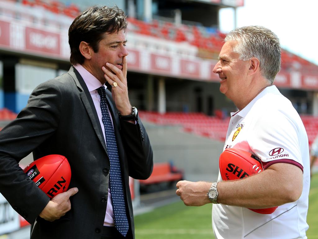 Former AFL CEO Gillon McLachlan was pivotal in convincing Swann to move to Brisbane and become Lions CEO. Picture: Mike Batterham