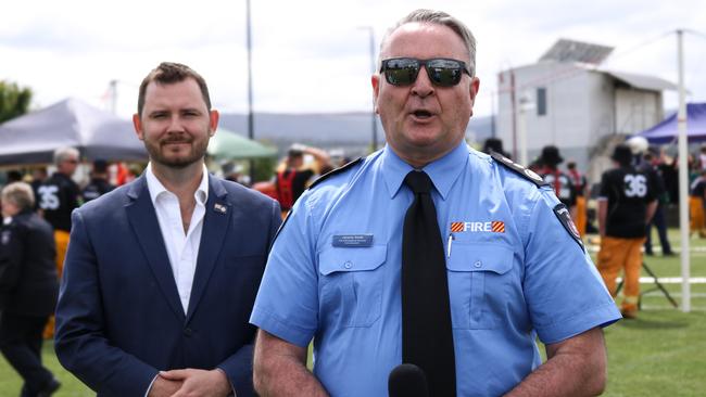 Police, Fire, and Emergency Management Minister Felix Ellis and Tasmania Fire and Emergency Services Commissioner Jeremy Smith at the 2024 State Firefighter Championships held at Invermay. Picture: Stephanie Dalton