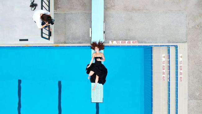 Swimmer Mollie O'Callaghan during her photoshoot in Brisbane. Drone photo by: Sean Callinan