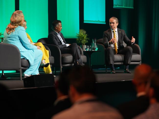 Commonwealth Bank CEO Matt Comyn, Team Global Express CEO Christine Holgate, and Stockland CEO Tarun Gupta at the bank's Momentum conference in Sydney. , Source: Supplied