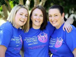 Aleisha Woolacott (centre) will be leading the Karen's Cancer Crusaders team, including Nicole Lewis and Emma Thompson, in The Weekend to End Women's Cancers 60km walk over two days. . Picture: Claudia Baxter